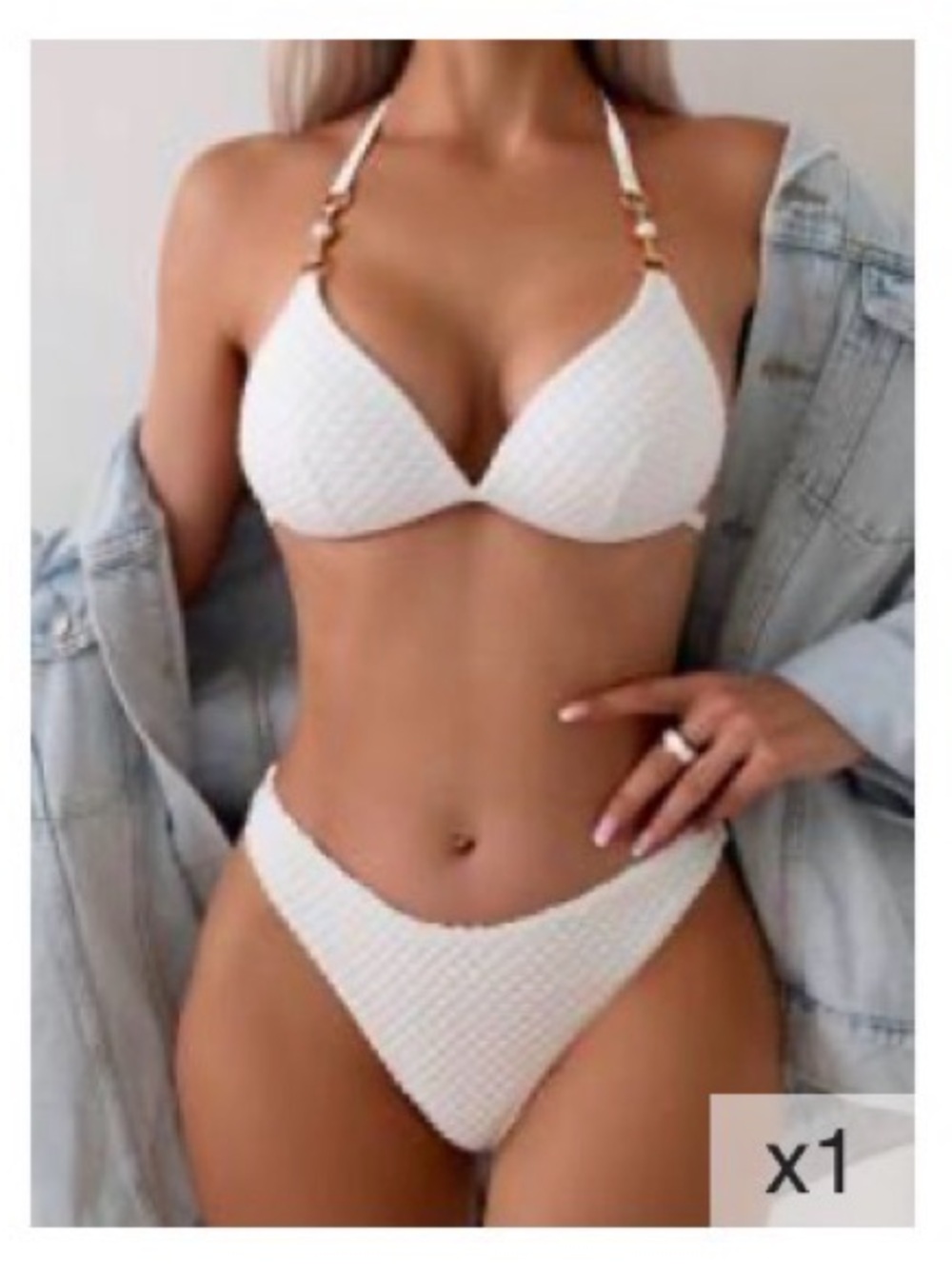 NWT Textured White Women's Bikini Set - Push-Up Top & High-Cut Bottom